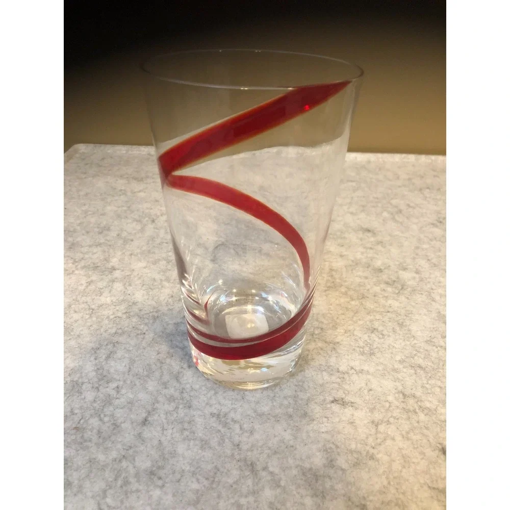 Pier 1 Swirline Red Swirl Highball Glass Clear Hand Blown Tumblers 6.25